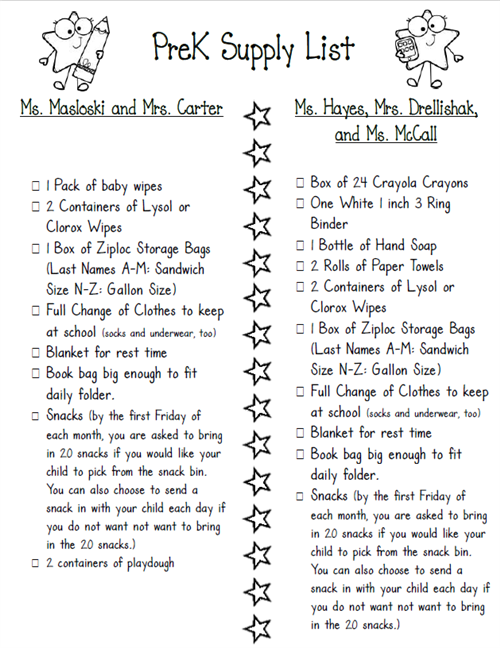 PreK supply list